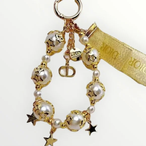 Dior VIP Gift Gold Holiday Pearl Ribbon Stars Key Chain Bag Charm ID Hol… - Picture 2 of 5